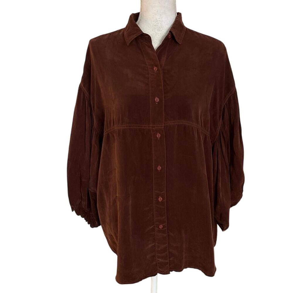 Tianello L Button Up Shirt Brown Blousy Balloon Sleeves Western Boho Gypsy USA